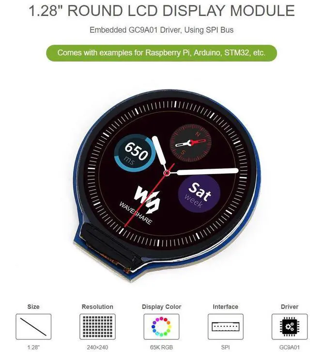 Alt view image 3 of 5 - Waveshare 1.28inch Round LCD Display Module 65K RGB Colors 240×240 Resolution with SPI Interface Embedded GC9A01 Driver, Raspberry Pi 5/4B/3B/Zero/Zero W/Zero 2W/Pico/Pico W/Pico WH