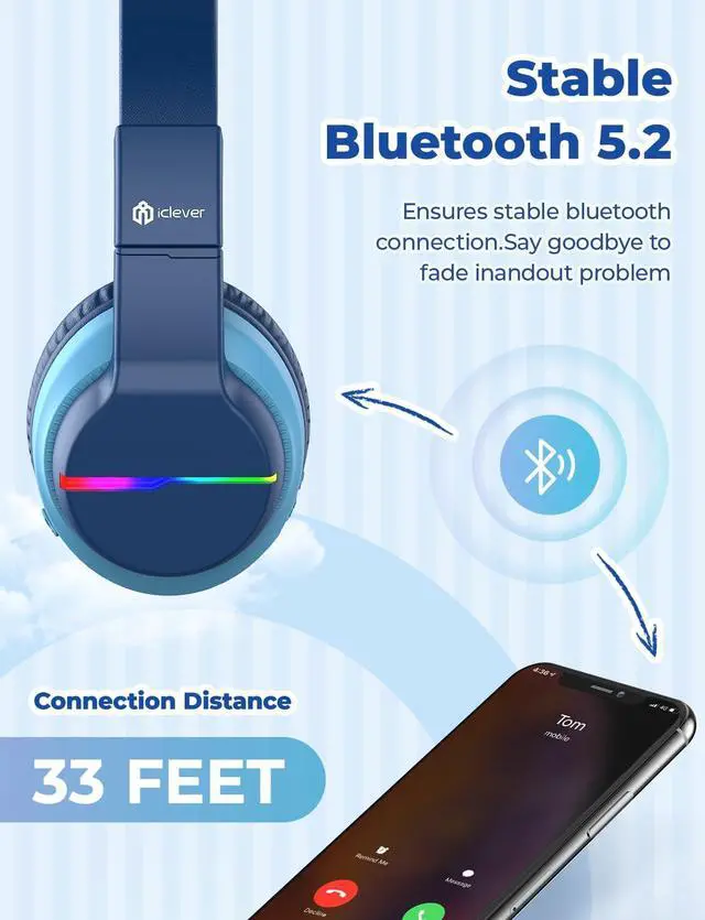 Alt view image 5 of 5 - iClever BTH12 Kids Bluetooth Headphones,Colorful LED Lights Kids Headphones Wireless,74/85dBA Safe Volume,85H Playtime,Fast Charging,Bluetooth 5.2,Over Ear,Built-in Mic for iPad/Tablet/Airplane,Blue