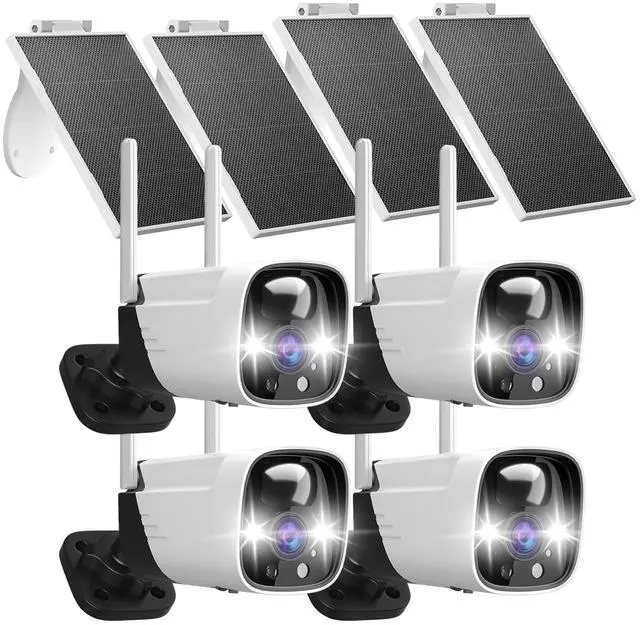 Main image of Rraycom 4 Pack Security Cameras Wireless Outdoor Solar Powered with AI Detection, 2K Color Night Vision Security Camera with 2 Way Audio, Alexa, No Monthly Fee, Spotlight & Siren, IP65 Waterproof
