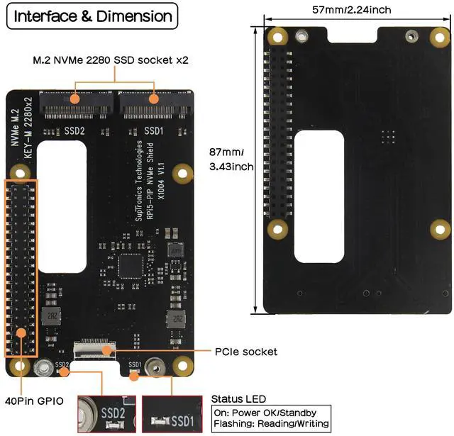 Alt view image 2 of 5 - Geekworm X1004 PCIe to Dual M.2 HAT NVMe 2280 SSD PCIe Peripheral Board+P579-V2 Metal Case with Official Pi 5 Active Cooler for Raspberry Pi 5