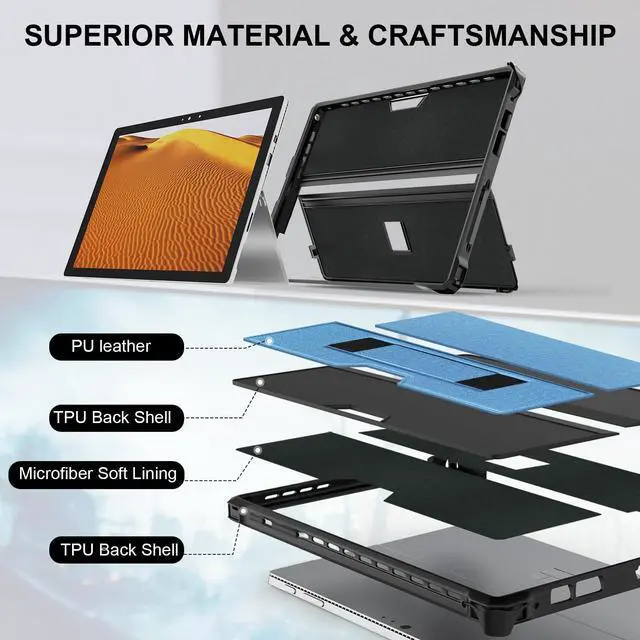 Alt view image 4 of 5 - Case for 12.3" Microsoft Surface Pro 7+/7/6/5/4 Protective Rugged Cover Case, with Surface Pen Holder and Hand Strap, Compatible with Surface Pro Type Cover Keyboard (Blue)