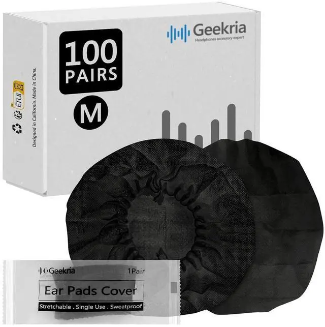 Main image of Geekria 100 Pairs Individually Wrapped Disposable Headphone Covers, Compatible with Over-Ear and MRI Headsets, Stretchable Sanitary Ear Pads (M, Black)