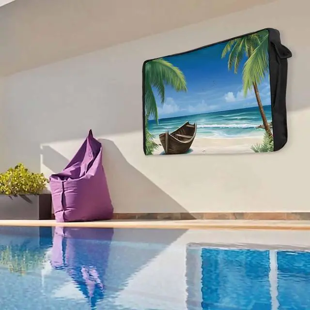 Alt view image 5 of 5 - Outdoor TV Cover - Summer Palm Tree Ocean Beach Boat Waterproof and Weatherproof 70"-75" LCD Movable Shield TV Display Screen Protector Outside Television Covers