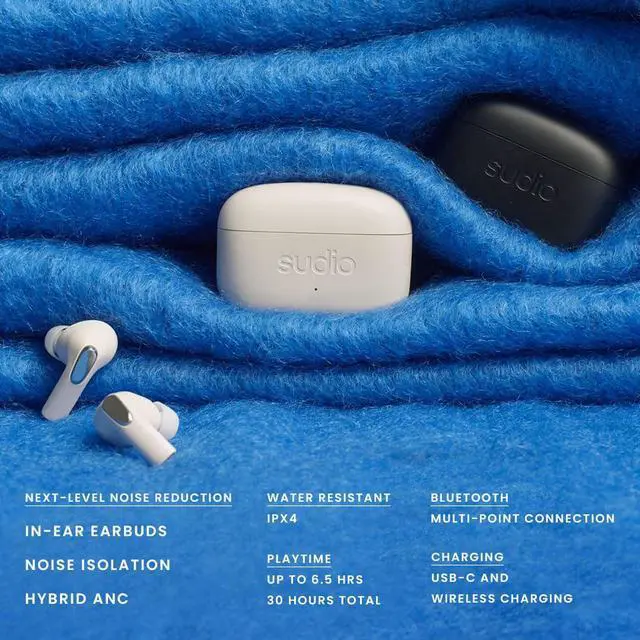 Alt view image 2 of 5 - Sudio E3 Wireless Earbuds with Bluetooth 5.3, Hybrid ANC, Microphone, Codec AAC, 30h Playtime, Wireless and USB Type-C Charging, Sweat and Splash Resistant