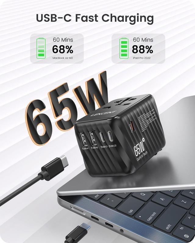 Alt view image 2 of 5 - LENCENT International Travel Adapter, 65W GaN3 Universal Fast Charger with 2 USB A + 3 Type C PD, Worldwide Power Adaptor for Phones,Laptops, All in One Travel Essentials for EU/USA/UK/AU, Black