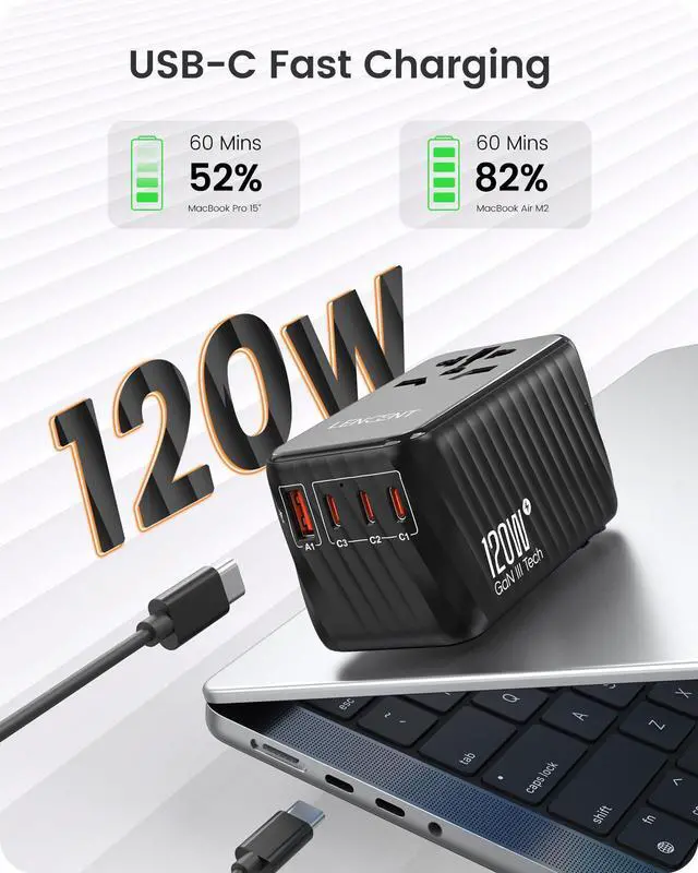 Alt view image 2 of 5 - LENCENT International Travel Adapter, 120W GaN Universal Fast Charger with 3 PD3.0 Type C+1 QC USB A, All in One Power Adaptor for iPhones,Laptops, Worldwide Plug Adapter for EU/USA/UK/AU, Black