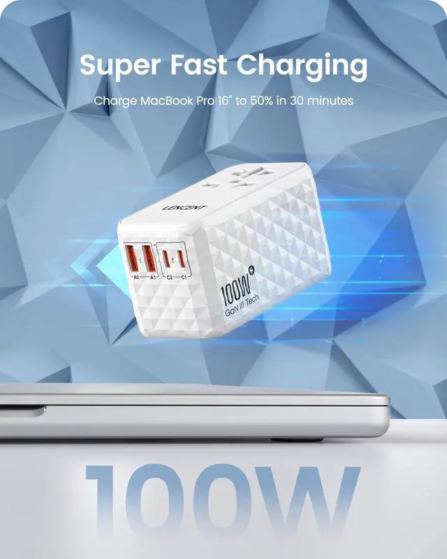 Alt view image 3 of 5 - LENCENT 100W International Travel Adapter, Universal Travel Adapter with 2 QC USB-A & 2 PD3.0 Type C Power Adapter, Fast Charging for Phone,Laptops, All-in-One Outlet Adapter for USA/UK/EU/AUS, White