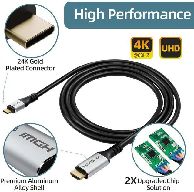 Alt view image 2 of 5 - Elecan USB C to HDMI Cable 50 Ft, 4K@60Hz HDR, Double Chips Gold-Plated High-Speed USB 3.1 Type-C to HDMI 2.0 Cord Thunderbolt 3/4 Compatible Galaxy MacBook Pro/Air iPad Pro Surface Dell HP + 5 Ties