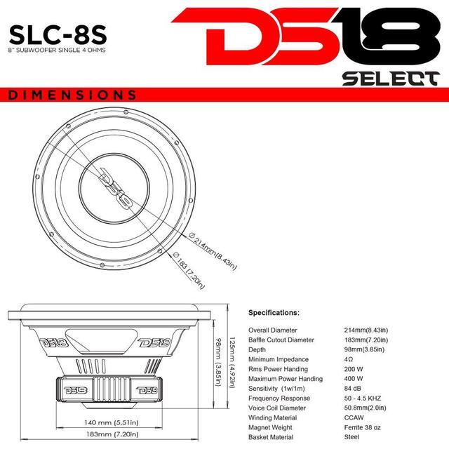 Alt view image 2 of 2 - DS18 SLC-8S Subwoofer in Black - 8-Inch Speaker, 400W Max Power, 200W RMS Power, Aluminum 4 Layer Voice Coil, Black Steel Frame, SVC, 4 Ohm Impedance, Ferrite Magnet (1 Speaker) (SLC8S)