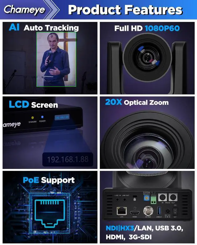 Alt view image 3 of 5 - Chameye NDI PTZ Camera 20x Optical Zoom AI Auto Tracking 1080P 60fps with 3G-SDI IP PoE HDMI PTZ Camera for Church Worship Live Streaming Education Events, C720N (NDI HX3 Certified)