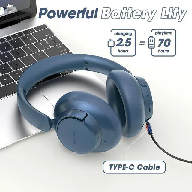 Alt view image 3 of 5 - BERIBES Upgraded Hybrid Active Noise Cancelling Wireless Headphones with Transparent Modes,70H Playtime Bluetooth Headphones Wireless with Mic, Deep Bass,3.5MM Cable,Soft-Earpads,Fast Charging-Blue
