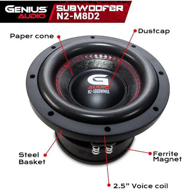 Alt view image 2 of 5 - Genius Audio N2-M8D2 8", 500 Watts RMS - 1000 Watts Max, High Power Pro Audio Subwoofer Speaker, Steel Basket Car Audio Speaker, Ferrite Magnet, 2 Ohm, Copper Coil, Reinforced Paper Cone (1 Speaker)