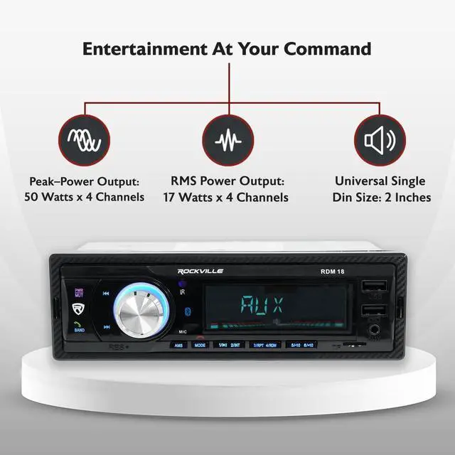 Alt view image 2 of 5 - Rockville RDM18 V2 In-Dash Digital Media Car Receiver, 50W, 4 Channels, Bluetooth, AM/FM, MP3, USB/SD, Color Selectable, Remote, Perfect for Car Audio