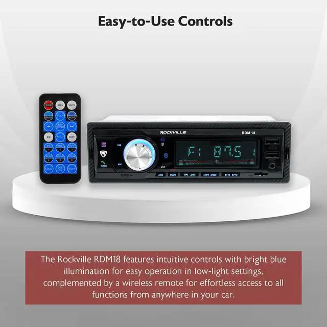 Alt view image 3 of 5 - Rockville RDM18 V2 In-Dash Digital Media Car Receiver, 50W, 4 Channels, Bluetooth, AM/FM, MP3, USB/SD, Color Selectable, Remote, Perfect for Car Audio