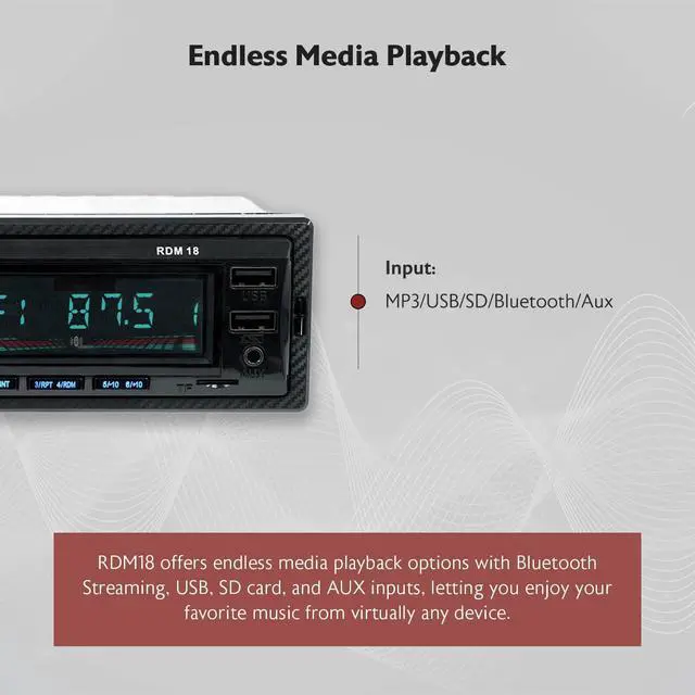 Alt view image 4 of 5 - Rockville RDM18 V2 In-Dash Digital Media Car Receiver, 50W, 4 Channels, Bluetooth, AM/FM, MP3, USB/SD, Color Selectable, Remote, Perfect for Car Audio