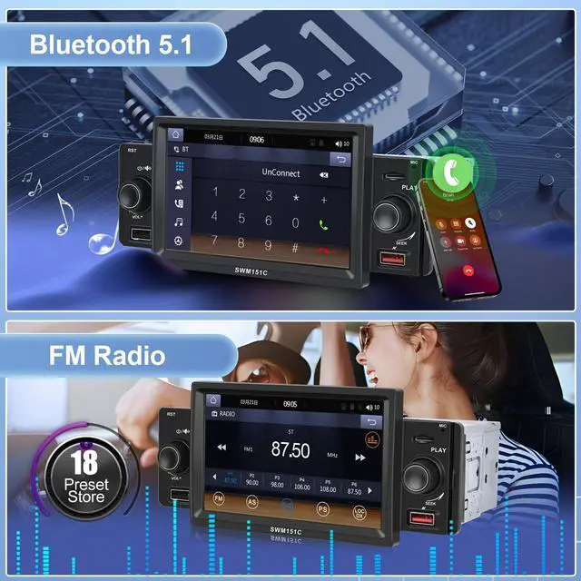 Alt view image 4 of 5 - Single Din Radio with AppIe Carplay Android Auto,Podofo 5inch 1280x480 HD Touch Screen Car Stereo Audio Receivers with 5.1 Bluetooth FM Radio Airplay MirrorLink HD Backup Camera USB/TF/AUX-in Ports