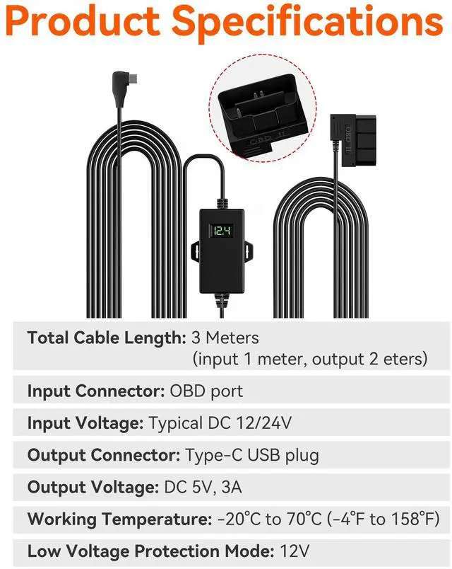 Alt view image 2 of 5 - WOLFBOX USB C Hardwire Kit OBD, Hard Wire Car Charger Cable Kit 12V-24V to 5V, Avoid Dash Cam Battery Drain, Suitable for G840S/G930/G840H/G850/G850PRO/X5/i07/i17 Mirror Dash Cam