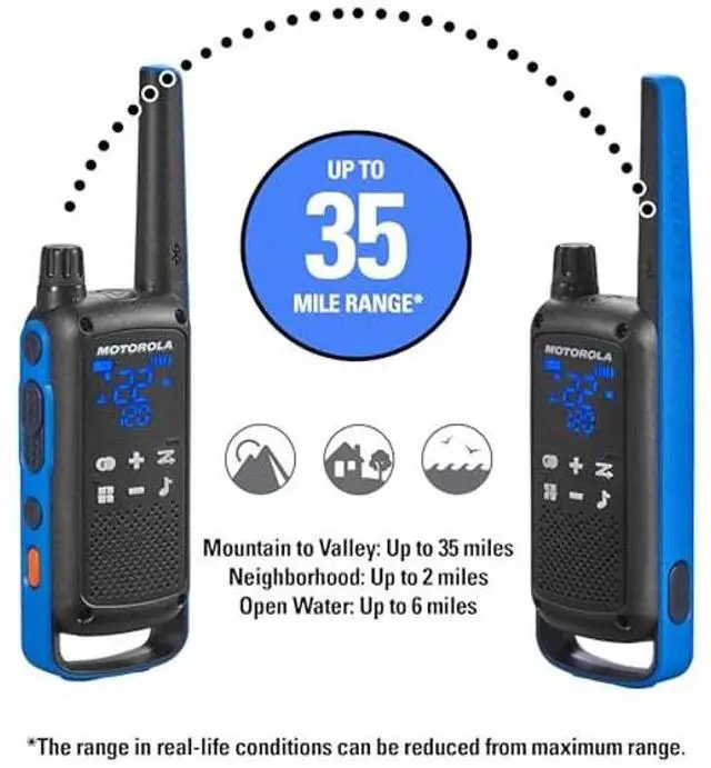 Alt view image 5 of 5 - Motorola Solutions, Portable FRS, T802, Talkabout, Two-Way Radios Waterproof IP54 Walkie Talkie Emergency Preparedness, Rechargable, 22 Channel, 35 Mile, Black W/Blue, 2 Pack