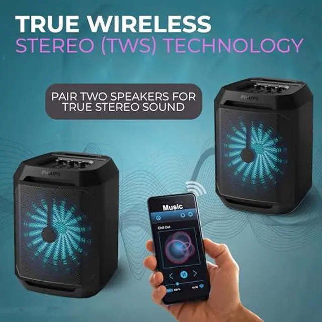 Alt view image 4 of 5 - Philips Bluetooth Party Speaker, Dynamic Bass Boost, Bluetooth and Aux-in, Microphone Input, Wireless Pairing for Stereo Sound, Up to 7 Hours Battery, Built-in Carry Handle, USB-C TAX2208