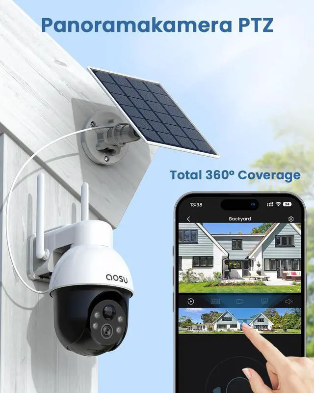 Alt view image 2 of 5 - AOSU Solar Security Camera Wireless Outdoor System, 3K/5MP Battery Powered WiFi Camera for Home Security, Panoramic PTZ, Auto Tracking, Human/Vehicle Detection, Night Vision, Spotlights, 2-Way Talk