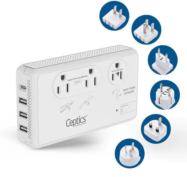 Main image of Ceptics 2000W Travel Voltage Converter for Hair Dryer & 200W Convert 220V to 110V for Curling Iron, Straightener, Chargers, Step Down World Power 4 USB Charging QC 3.0 SWadApt Type A, B, C, E/F, G, I