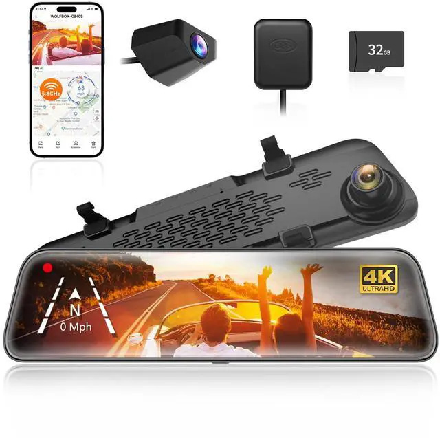 Main image of WOLFBOX G840S 12" 4K Mirror Dash Cam Backup Camera, 5.8GHz WiFi Smart Rearview Mirror for Cars & Trucks, Front and Rear View Dual Cameras, Night Vision, Parking Assistance, Included 32GB Card & GPS