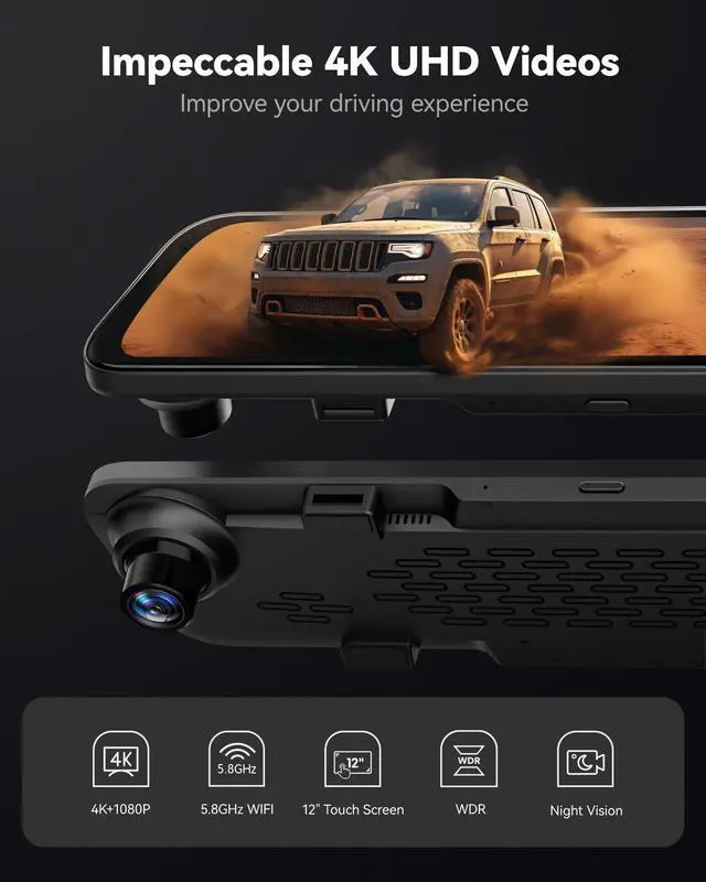Alt view image 2 of 5 - WOLFBOX G840S 12" 4K Mirror Dash Cam Backup Camera, 5.8GHz WiFi Smart Rearview Mirror for Cars & Trucks, Front and Rear View Dual Cameras, Night Vision, Parking Assistance, Included 32GB Card & GPS