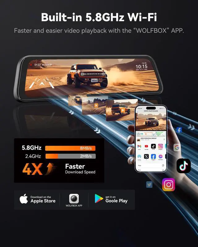 Alt view image 4 of 5 - WOLFBOX G840S 12" 4K Mirror Dash Cam Backup Camera, 5.8GHz WiFi Smart Rearview Mirror for Cars & Trucks, Front and Rear View Dual Cameras, Night Vision, Parking Assistance, Included 32GB Card & GPS