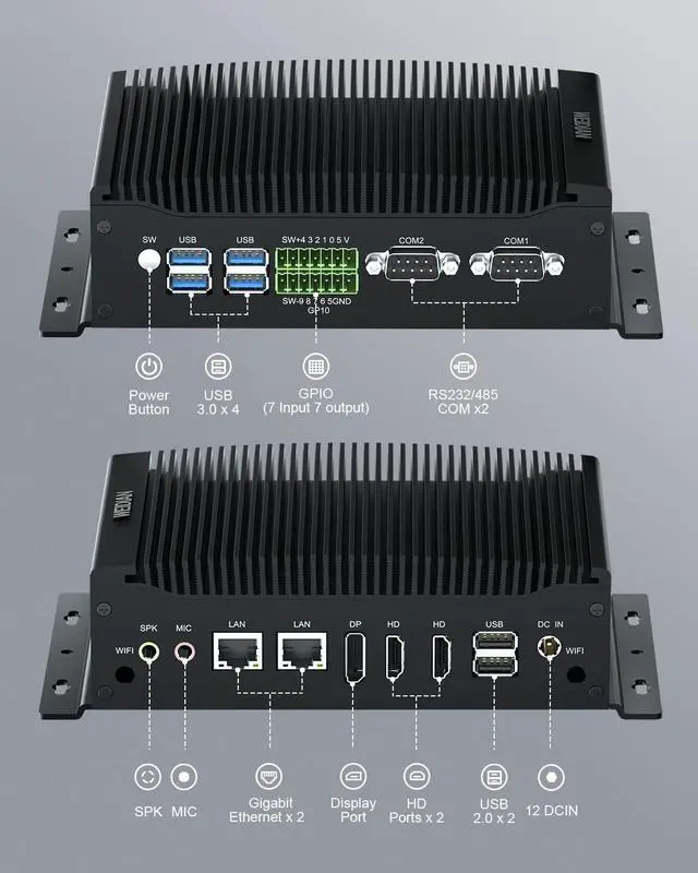 Alt view image 3 of 5 - WEIDIAN Industrial PC, Fanless Mini PC, Core i5 10210U (up to 4.20 GHz), 2HD+DP Triple Display, 2RS232/RS422/RS485 COM, 2RJ45 LAN, 6USB, GPIO, WiFi, BT, Win11, Linux, Ubuntu(16GB RAM 512GB SSD)