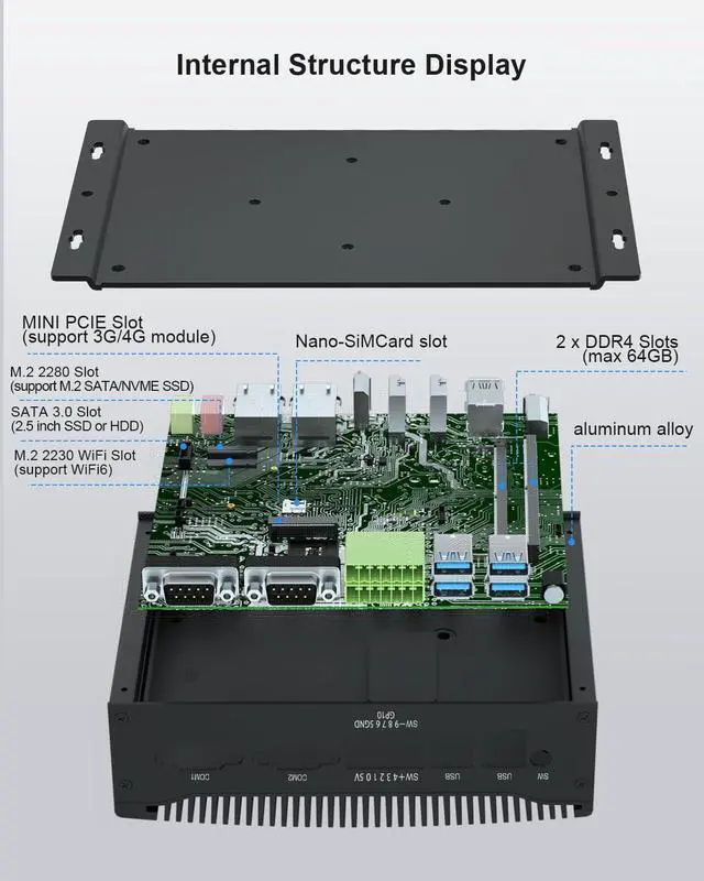 Alt view image 4 of 5 - WEIDIAN Industrial PC, Fanless Mini PC, Core i5 10210U (up to 4.20 GHz), 2HD+DP Triple Display, 2RS232/RS422/RS485 COM, 2RJ45 LAN, 6USB, GPIO, WiFi, BT, Win11, Linux, Ubuntu(16GB RAM 512GB SSD)