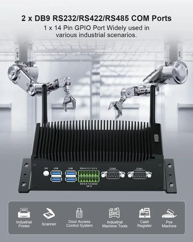 Alt view image 5 of 5 - WEIDIAN Industrial PC, Fanless Mini PC, Core i5 10210U (up to 4.20 GHz), 2HD+DP Triple Display, 2RS232/RS422/RS485 COM, 2RJ45 LAN, 6USB, GPIO, WiFi, BT, Win11, Linux, Ubuntu(16GB RAM 512GB SSD)