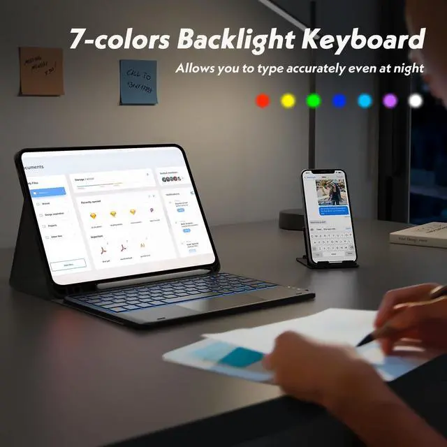 Alt view image 5 of 5 - QYiiD Keyboard Case for iPad Pro 12.9 Inch 2017/2015 (1st & 2nd Generation), 7 Color Backlit, Multi-Touch Trackpad, Detachable Wireless with Pencil Holder Stand Folio Keyboard Cover, Black