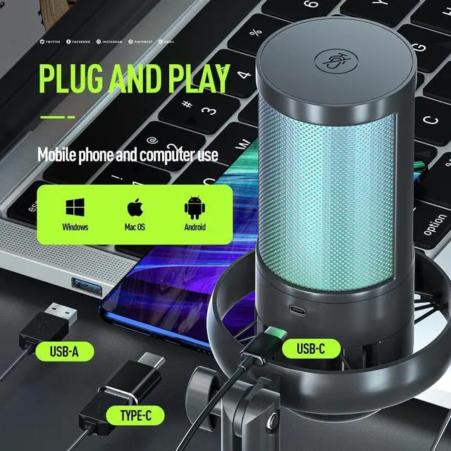 Alt view image 2 of 5 - Gaming Microphone Kit USB for Recording Streaming Podcast Condenser Microphone with Mic Boom Arm Stand Pop Filter Mute Gain Function RGB Mic to PC Smartphone PS4 PS5 Laptop