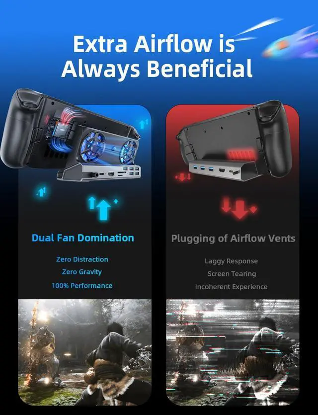 Alt view image 4 of 5 - LISEN 10-IN-1 Docking Station for Steam Deck OLED&ROG Ally X&Legion Go, Dual Cooling Fan 5 USB Ports and 4K@60Hz, 100W Charging Port Support ROG Ally 30W Mode, Gigabit Ethernet Fit for Steam Deck OLED
