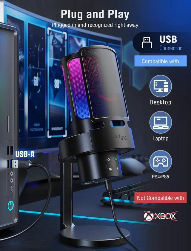 Alt view image 2 of 5 - FIFINE Gaming USB Microphone, PC Computer Mic with 4 Polar Patterns for Podcast Streaming Recording YouTube, RGB Condenser Desktop Mic for Windows, Mac, with Headphone Jack-AmpliGame A8 Plus