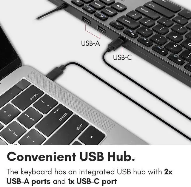 Alt view image 2 of 5 - Macally Premium Wired USB C Keyboard with USB Ports (2X USB-A |1x USB-C Ports) - Wired Keyboard for Mac Mini/Pro, iMac, MacBook, iPad, and PC - Full Size Type C Connection