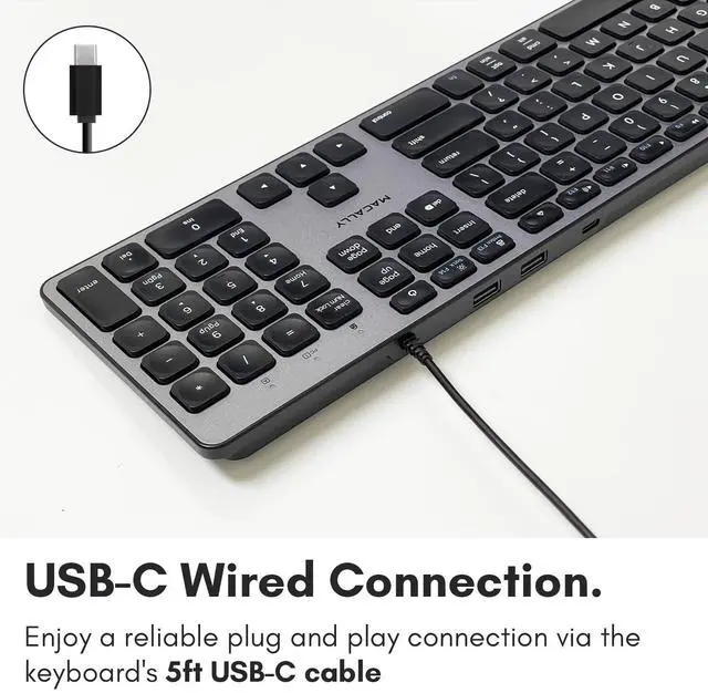 Alt view image 4 of 5 - Macally Premium Wired USB C Keyboard with USB Ports (2X USB-A |1x USB-C Ports) - Wired Keyboard for Mac Mini/Pro, iMac, MacBook, iPad, and PC - Full Size Type C Connection