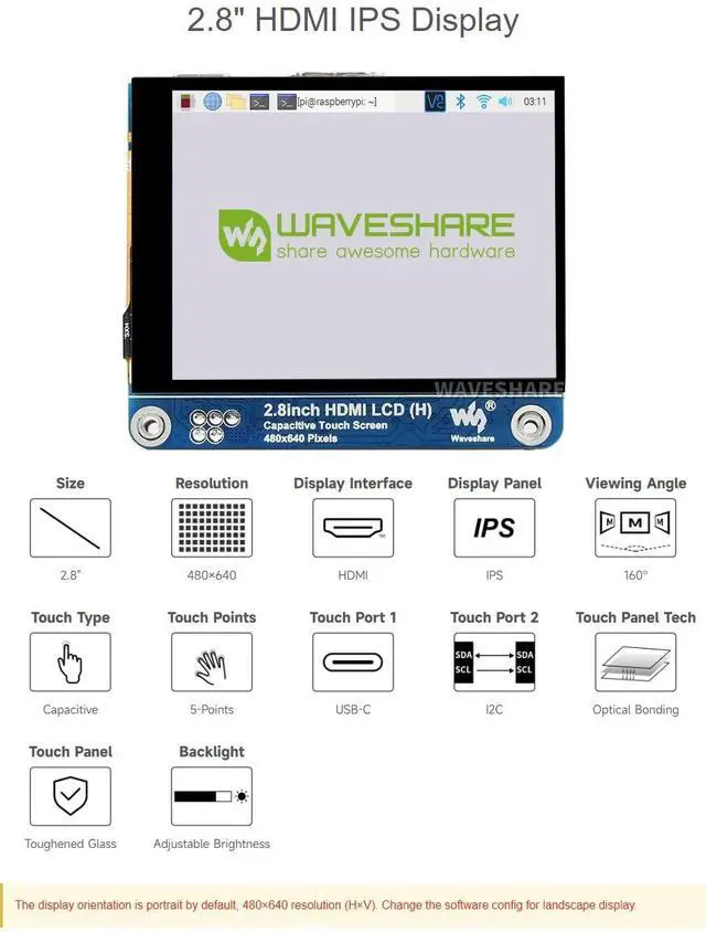 Alt view image 3 of 5 - Waveshare 2.8inch HDMI IPS LCD Display, Compatible with Raspberry Pi 5/4B/3B/Zero/Zero W/Zero 2W/Pico/Pico W/Pico WH, 480×640 Resolution Supports Jerson Nano/Windows