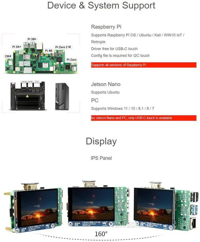 Alt view image 4 of 5 - Waveshare 2.8inch HDMI IPS LCD Display, Compatible with Raspberry Pi 5/4B/3B/Zero/Zero W/Zero 2W/Pico/Pico W/Pico WH, 480×640 Resolution Supports Jerson Nano/Windows