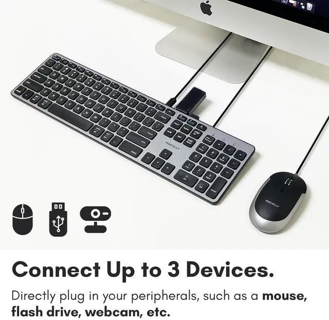 Alt view image 3 of 5 - Macally Premium Wired USB C Keyboard with USB Ports (2X USB-A |1x USB-C Ports) - Wired Keyboard for Mac Mini/Pro, iMac, MacBook, iPad, and PC - Full Size Type C Connection