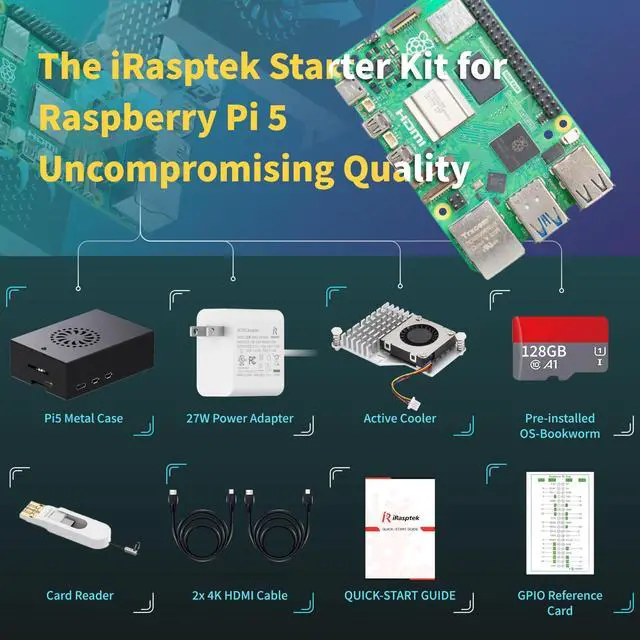 Alt view image 4 of 5 - iRasptek Starter Kit for Raspberry Pi 5 8GB RAM-Pre-Loaded with 128GB Edition Raspberry Pi OS (Aluminum Case)