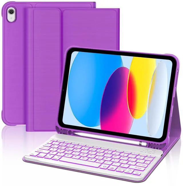 Main image of KVAGO for iPad (A16) 11th Generation Case with Keyboard, 7 Color Backlit Keyboard Cover with Pencil Holder for iPad 11-inch A16 2025 10th Gen 10.9 Inch 2022, Detachable Bluetooth Keyboard (Purple)
