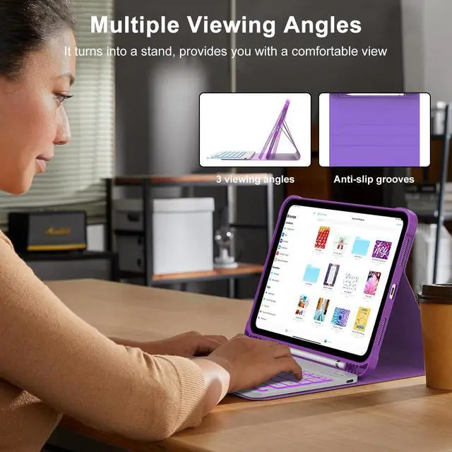 Alt view image 4 of 5 - KVAGO for iPad (A16) 11th Generation Case with Keyboard, 7 Color Backlit Keyboard Cover with Pencil Holder for iPad 11-inch A16 2025 10th Gen 10.9 Inch 2022, Detachable Bluetooth Keyboard (Purple)