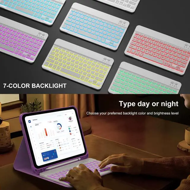 Alt view image 5 of 5 - KVAGO for iPad (A16) 11th Generation Case with Keyboard, 7 Color Backlit Keyboard Cover with Pencil Holder for iPad 11-inch A16 2025 10th Gen 10.9 Inch 2022, Detachable Bluetooth Keyboard (Purple)