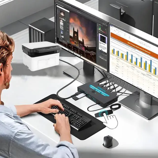 Alt view image 3 of 5 - SGEYR USB 3.0 HDMI KVM Switch 1 Monitors 2 Computers,KVM Switch 2 Port HDMI 4K@60HzKVM Switches for 2 Computers Sharing Monitor Keyboard Mouse Hard Drives Printer, 2USB Cable and Controller