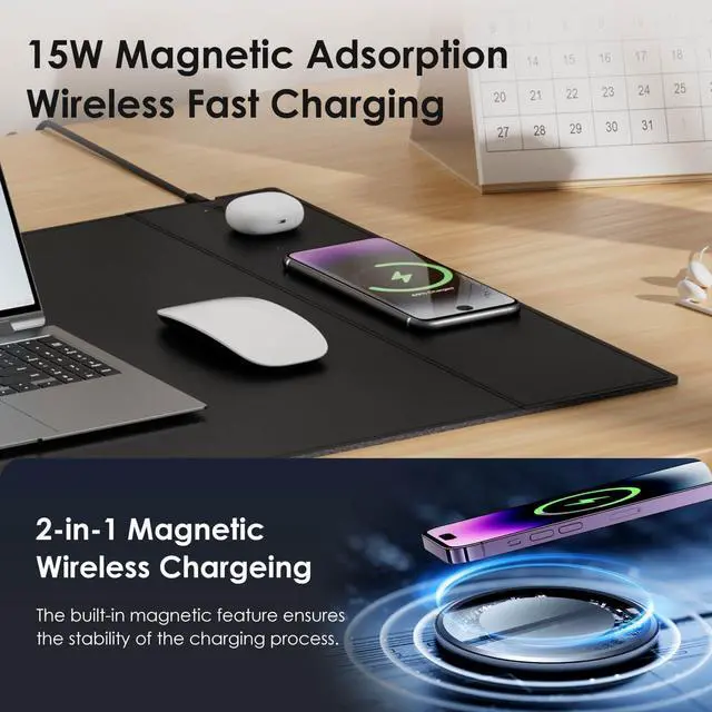 Alt view image 3 of 5 - Office Wireless Charging Mouse Pad, Leather Desk Mat with Wireless Charger Pad, 15 Watt Anti-Slip Gaming Wireless Charging Desk Mat with Wireless Charging Desk Pad for Desktop 36" Lx17 W, Black