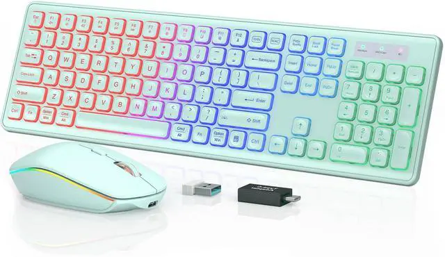 Main image of Wireless Keyboard and Mouse Combo - RGB Backlit, Rechargeable & Light Up Letters, Full-Size, Ergonomic Tilt Angle, Sleep Mode, 2.4GHz Quiet Keyboard Mouse for Mac, Windows, Laptop, PC, Mint Green
