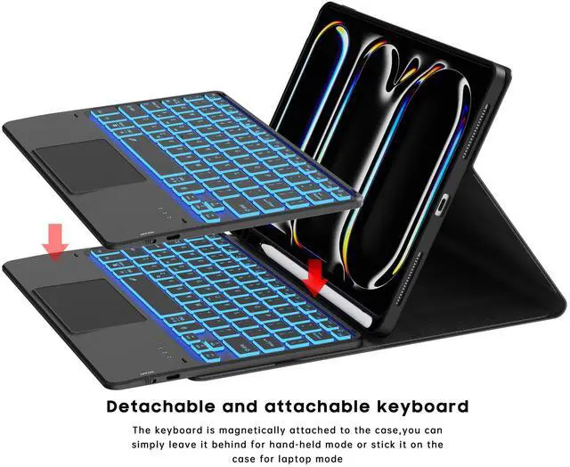 Alt view image 4 of 5 - for 2024 iPad Pro 11-inch (M4) Case with Keyboard - 7 Color Backlit Detachable Tablet Keyboard Cover with Touchpad - 11" iPad Pro 2024 (M4, 2024) Keyboard Case with Pen Holder & Kickstand Black