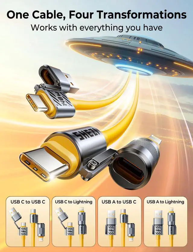 Alt view image 2 of 5 - 2025 Chubby Cable 4-in-1 USB C to Lightning Cable 140W Fast Charging & Data Transfer, Support to Apple CarPlay & Android Auto, 5FT Travel Multi Cord Charger Combo for iPhone/iPad/MacBook Cable