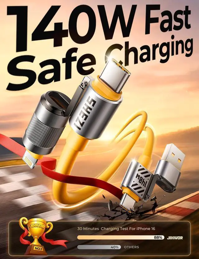 Alt view image 3 of 5 - 2025 Chubby Cable 4-in-1 USB C to Lightning Cable 140W Fast Charging & Data Transfer, Support to Apple CarPlay & Android Auto, 5FT Travel Multi Cord Charger Combo for iPhone/iPad/MacBook Cable